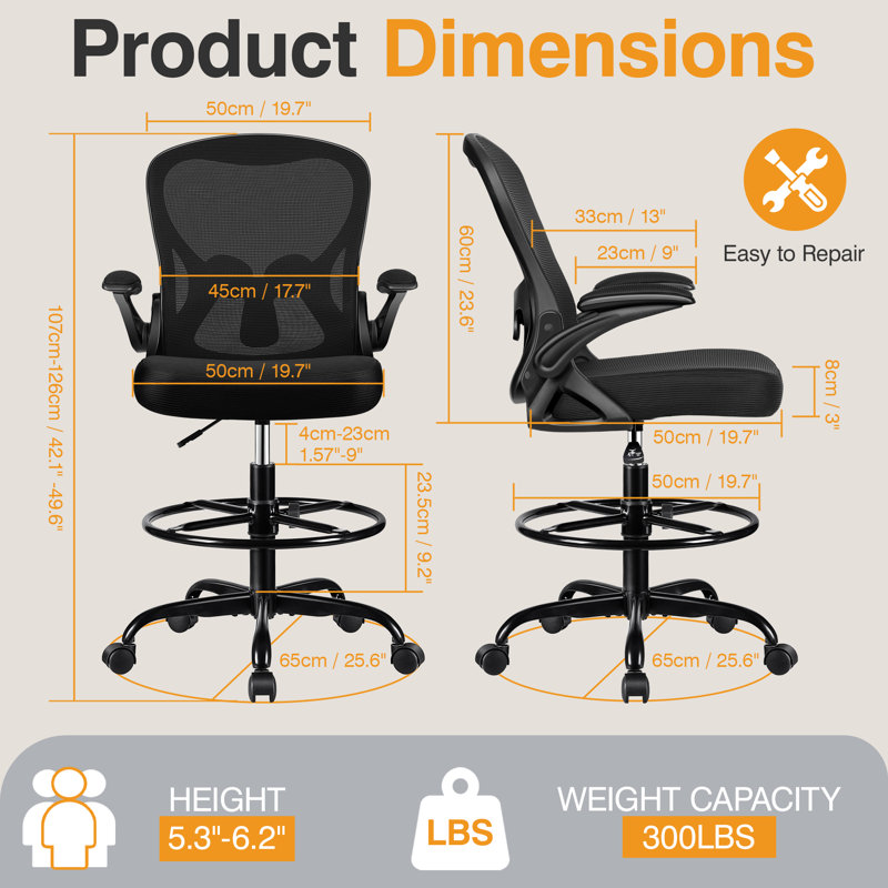 Kyanna Ergonomic Mesh Drafting Chair, Black, Black