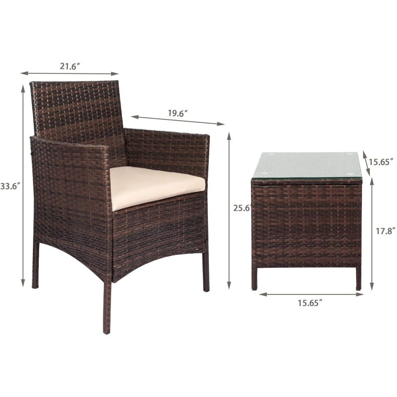 3 Piece Patio Rattan Seating Group with Cushions, Beige, Brown