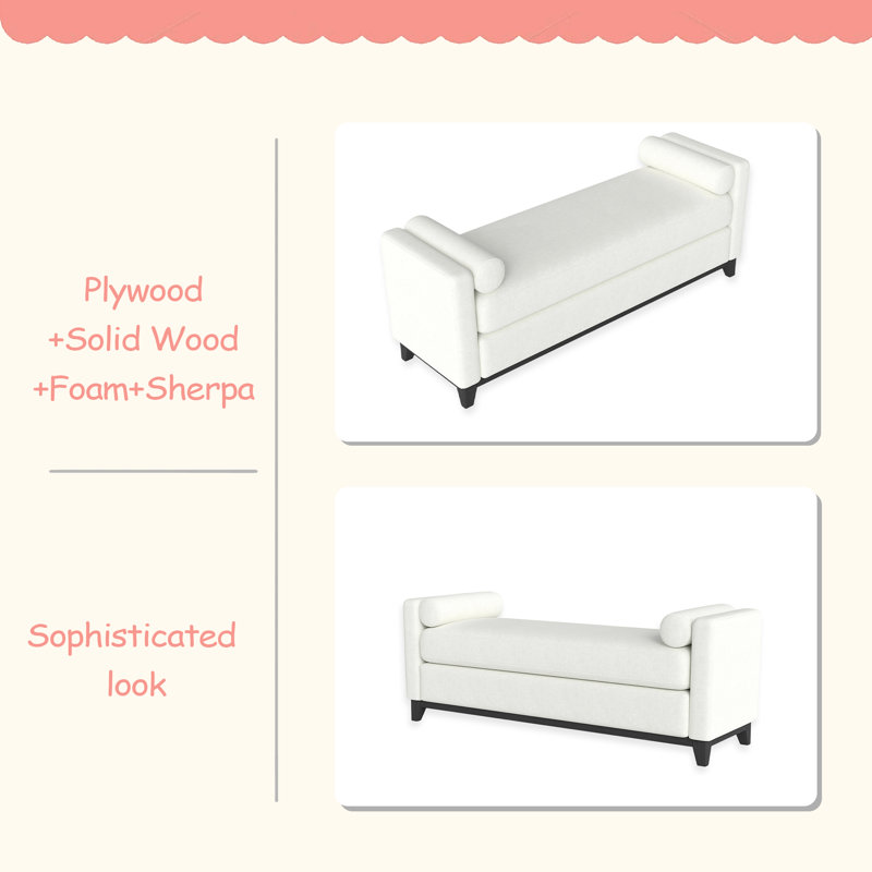 66.34 Inches Sherpa Fleece Upholstered Bench / Daybed / Ottoman With Solid Wood Legs And Bolster Pillows, Beige, Black