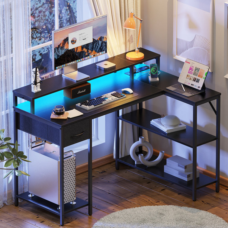 L Shaped Home Office Desk with Power Outlets, Corner Computer Desk