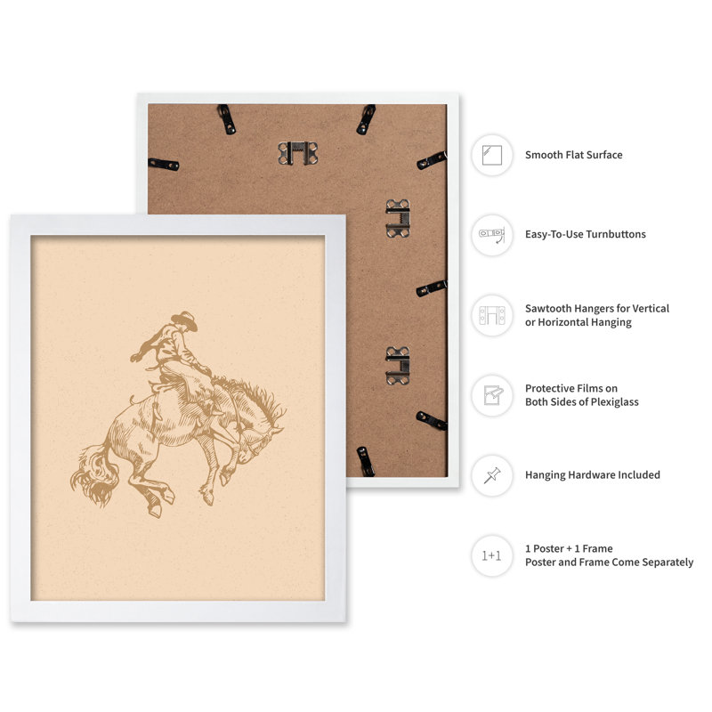 Cowboy beige chevauchant un cheval sauvage, Poster, White Framed, 16"H x 20"W