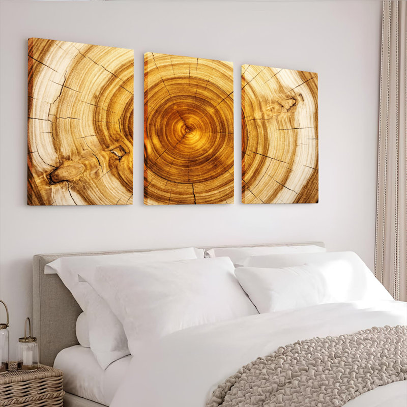 Ensemble de 3 tableaux sur toile imitant les cernes d'un arbre, à l'aspect bois, pour la décoration du salon, de la chambre et de la maison.