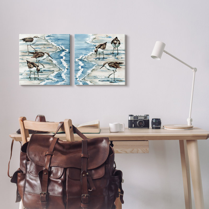 «Sandpipers Grazing Beach Shore» par Paul Brent - ensemble de 2 peintures sur toile tendue, H 17 po x l 17 po x P 1,5 po