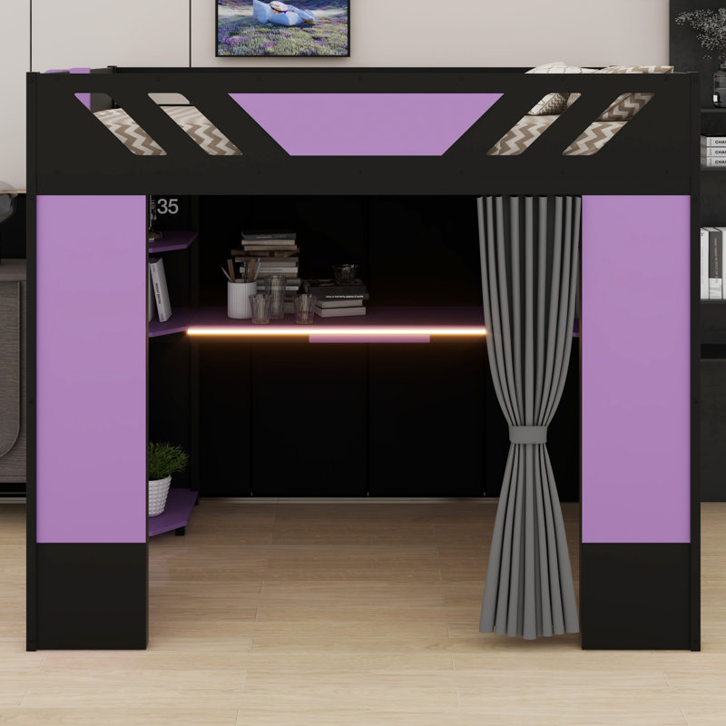 Structure de lit mezzanine avec bureau intégré, tablettes de rangement, rideaux occultants et lumières RVB, Noir et mauve