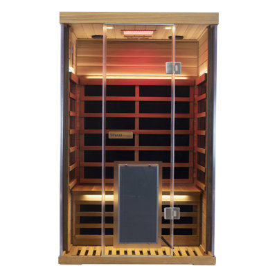 Wizzisaunas Indoor Far Infrared Sauna for 2 Person, Red and Blue Light Therapy, 1850W/120V, Maximum Temperature 158°F, Red Cedar Wood, Remote Temperature Control Via App, Tempered Glass Door, Built-In Bluetooth Speaker, Easy Assembly