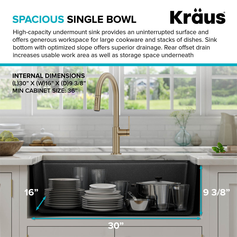 Kraus Bellucci 32 in. Undermount Quartz Composite Single Bowl Kitchen Sink with Accessories, Metallic Black