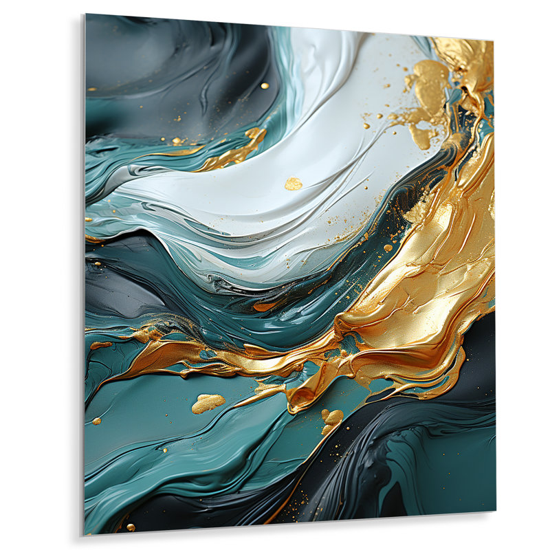 Or et vert cascade de marbre blanc IV - art mural abstrait en métal, H 20 po x l 12 po x P 1 po