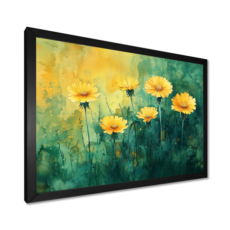 Golden Meadow in Greens and Yellows Realism - Pissenlit, art mural, Noir, H 16 po x l 32 po, Picture Framed
