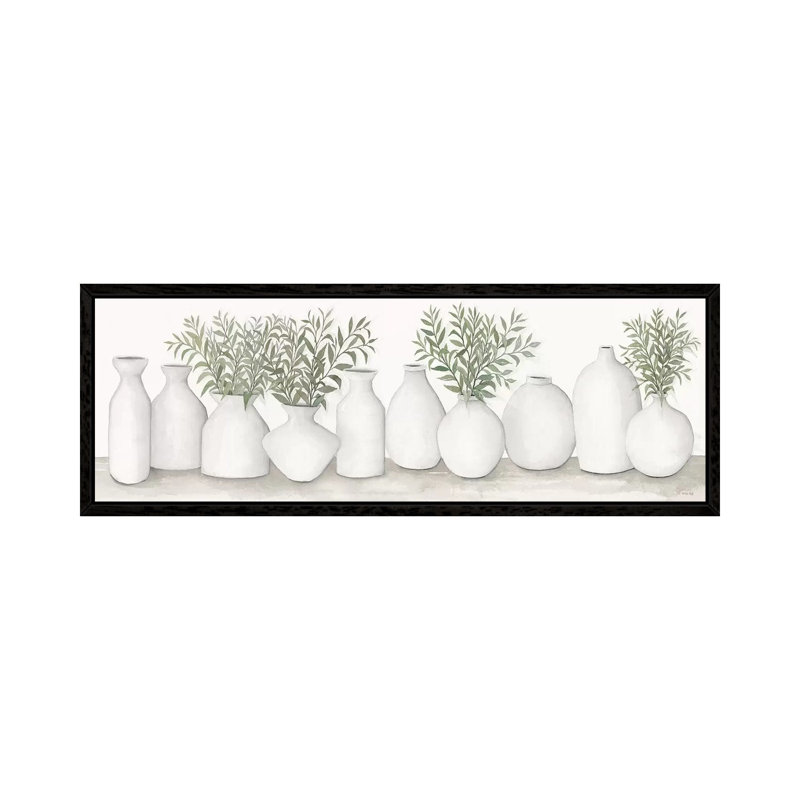 White Vases Still Life by Cindy Jacobs - Panoramic Painting on Canvas, 30.48cm H x 91.44cm W x 3.81cm D, Black Framed Canvas