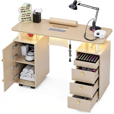 Nail Desk for Nail Tech with Electric Dust Collector, Rolling Manicure Table with Lockable Wheels, Storage Drawers, Wrist Cushion, Acetone Resistant, for Nail Beauty Salon Workstation