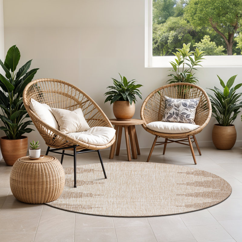 Marion Indoor & Outdoor Boho Beige Rug, Round 160cm