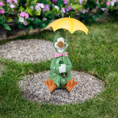Sitting Duck In Raincoat And Umbrella Outdoor Garden Statue - 10.5"