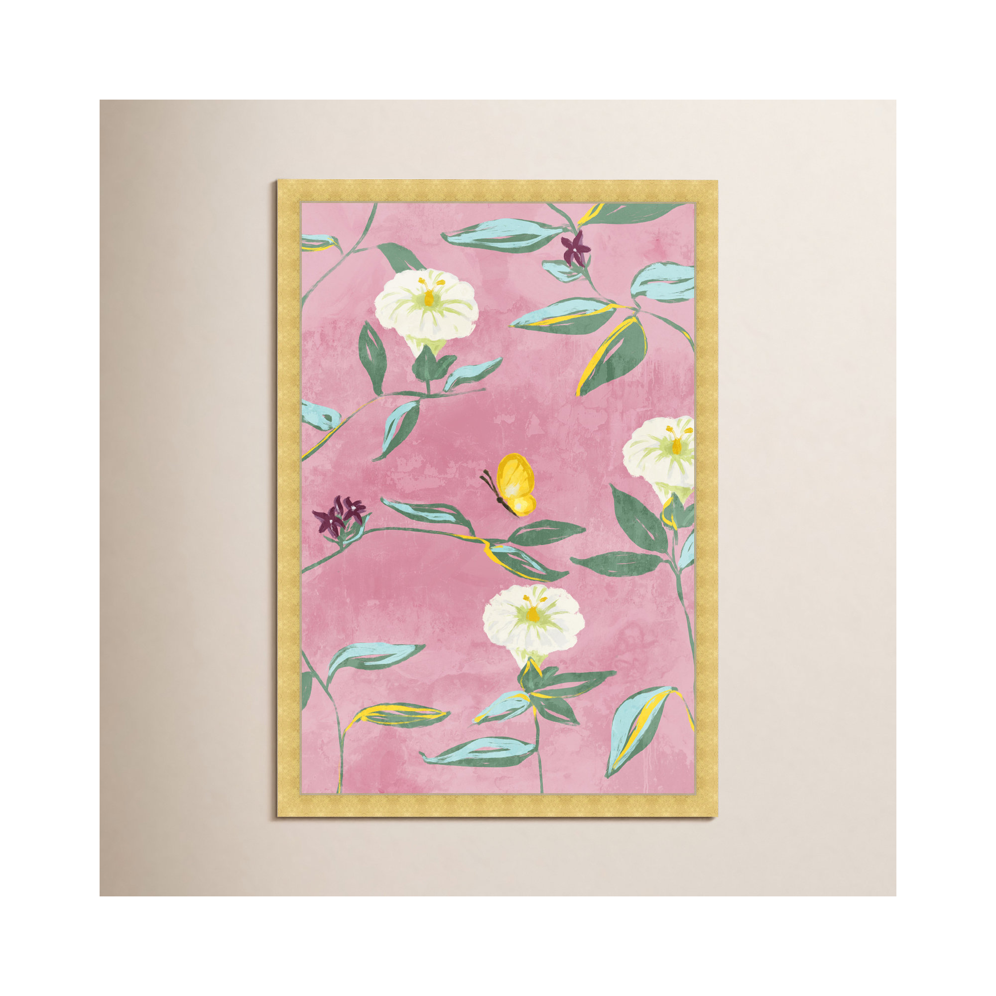 Floral Spring Tapestry Pattern by Birch Lane™ - Picture Frame Print, 26" H x 18" W, Gold