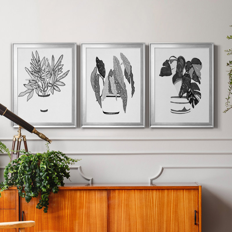B&W d'intérieur plante IV - ensemble de 3 peintures sur toile encadrées, H 30,5 po x l 127,5 po x P 4,5 po, Argent