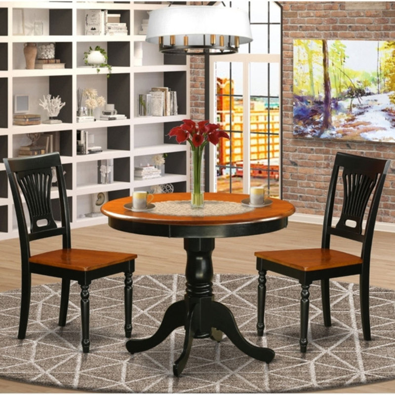 Slattery 2 - Person Solid Wood Top Pedestal Dining Set, Black, 3 Pieces: Table 2 Chairs, Wooden