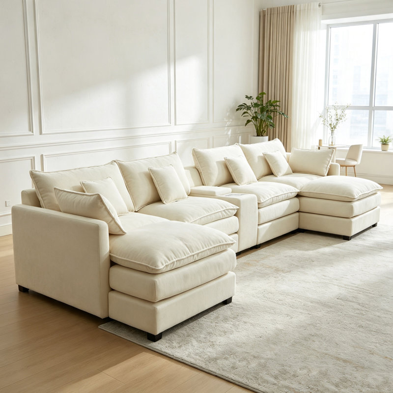 Canapé modulaire en chenille de 142 pièces de 142,5 po avec console, rangement et ports USB, White Chenille