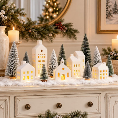 5-Piece Lighted Ceramic Christmas Village House Set with Trees and Remote