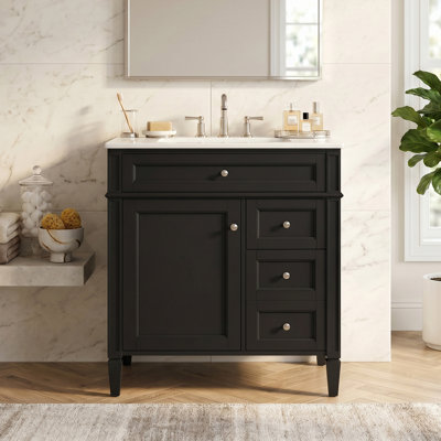 Meuble-lavabo autoportant de 30 po avec lavabo en céramique blanc, armoire de rangement moderne avec 2 tiroirs, tablettes de porte, tablette ajustable et tiroir basculant, meuble-lavabo simple noir