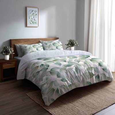 Ensemble de housse de couette Boho - Ensemble de literie et de coussins décoratifs 3 feuilles vertes zen