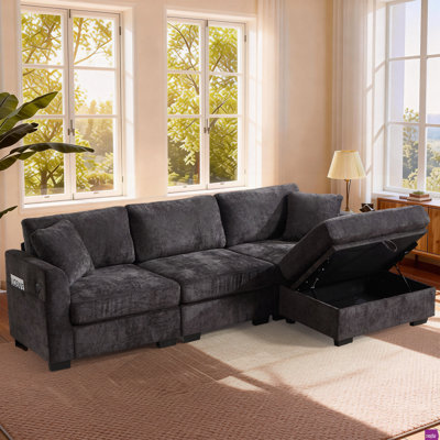Canapé en chenille de 97,24 po en forme de L avec ports USB, poches latérales et 2 coussins inclus.