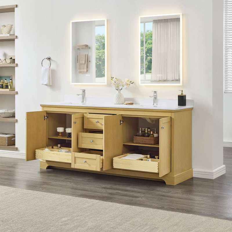 Meuble-lavabo double 80 po Avery en noyer foncé, comptoir en quartz blanc, lavabos carrés encastrés (1 trou), garniture noir mat