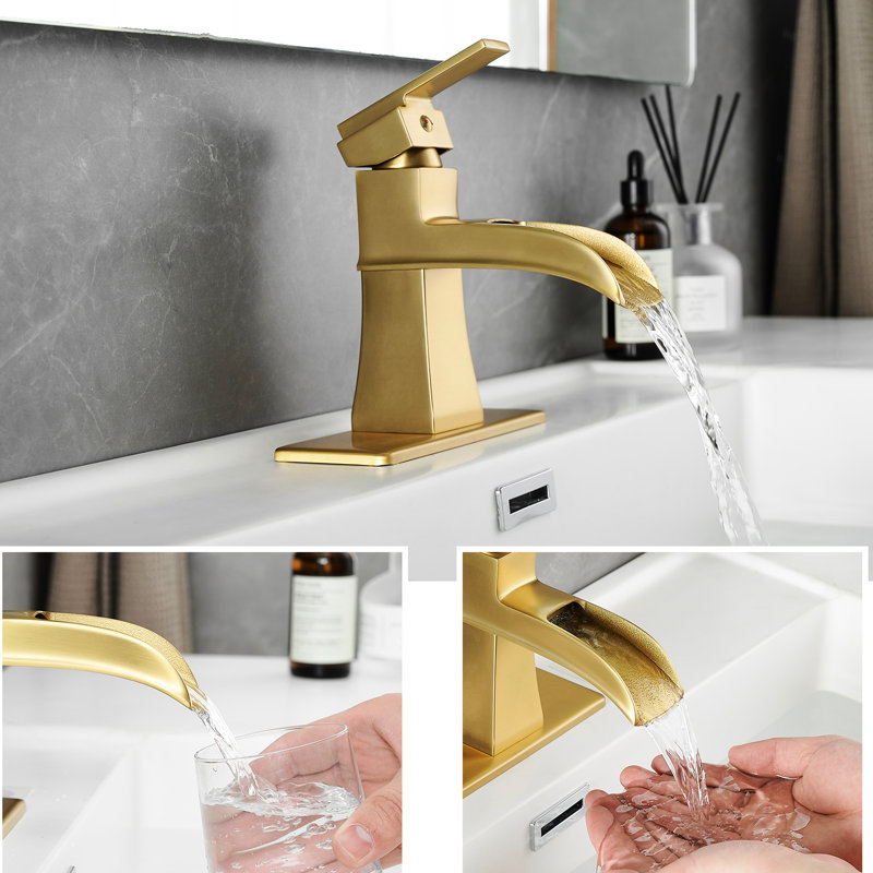 Robinet de salle de bain moderne avec plaque de cascade, or brossé, drain escamotable, conduites d'alimentation, commande à une poignée