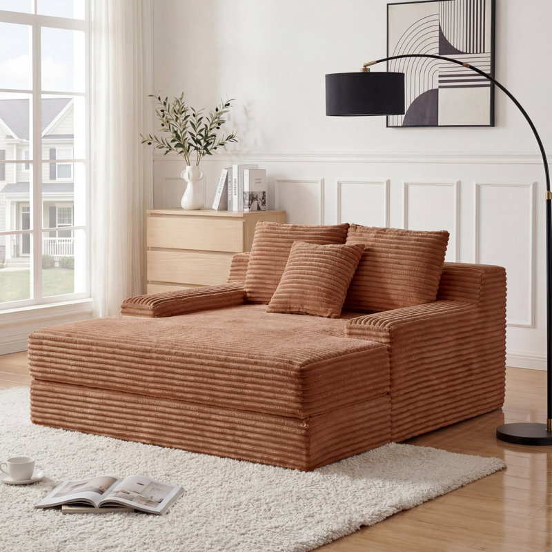 Méridienne surdimensionnée en flanelle 65,35 po pour salon avec 2 coussins de dossier et 1 coussin décoratif, rembourrage en mousse pure, sans assemblage requis, brun
