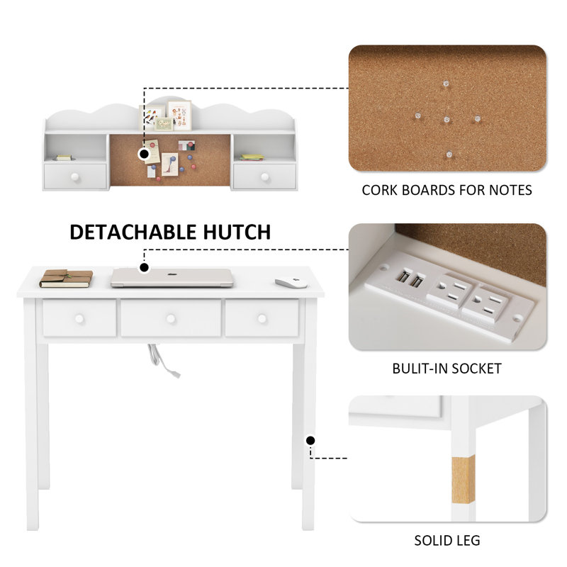 Mailiah Solid Wood Base Writing Desk with Power Outlet, White