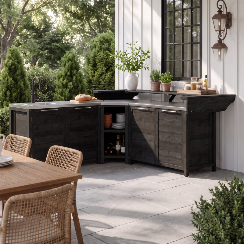 Ensemble de cuisine d'extérieur en cèdre en L 4 pièces avec évier, armoires de rangement et centre de bar - Noir, Noir
