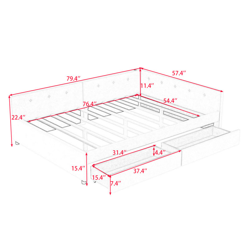 Two Drawers Upholstered Platform Bed with USB, Full