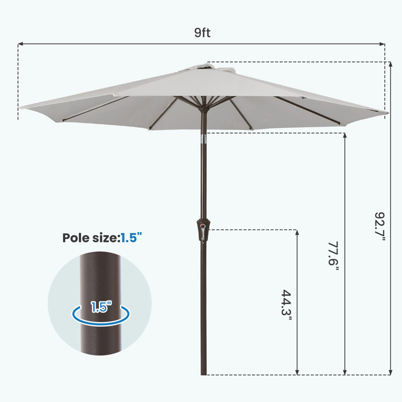 Parasol de marché d'extérieur 9 pi avec inclinaison et manivelle, Gris clair