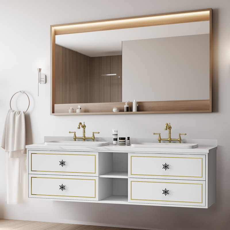 Base de meuble-lavabo flottant, base de meuble-lavabo mural seulement, avec 4 tiroirs et 2 tablettes, sans plateau, blanc