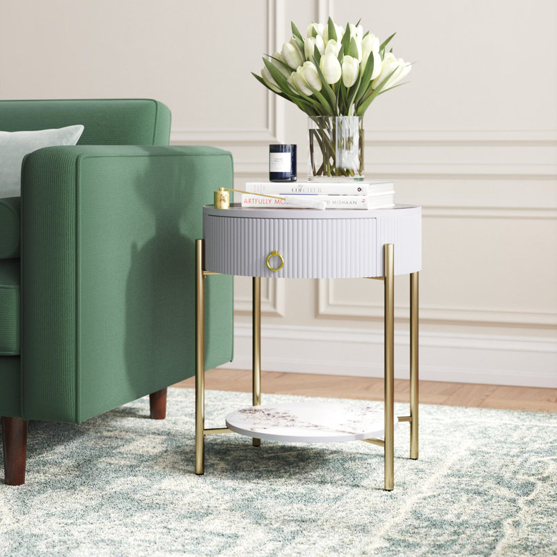 Woodville Drawer End Table with Storage, Gold, White