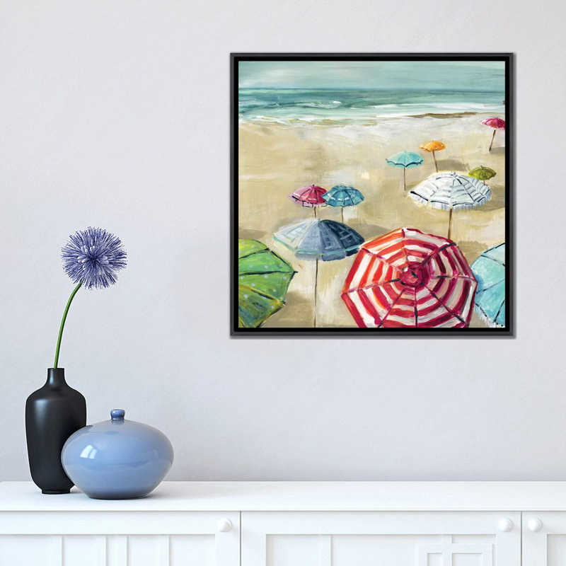 «Umbrella Beach II» par Carol Robinson - reproduction imprimée, H 18 po x l 18 po x 1,5 po, Toile avec cadre noir patiné
