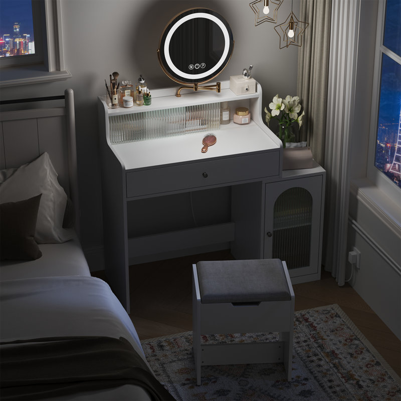 Bureau de coiffeuse avec miroir pivotant à 360 ° et lumières réglables