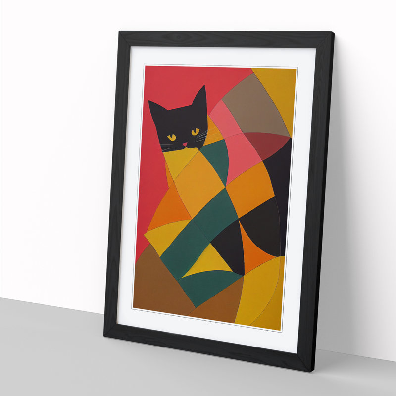 Patchwork Cat - Single Picture Frame Print, 64cm H x 46cm W x 2cm D, Walnut