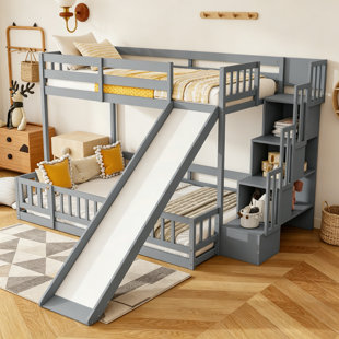 Solid Pine Wood Bunk Bed with Storage Staircase & Play Slide, Floor Bunk Bed with Door for Sibling Shared Bedroom, Grey, Twin Over Full Size