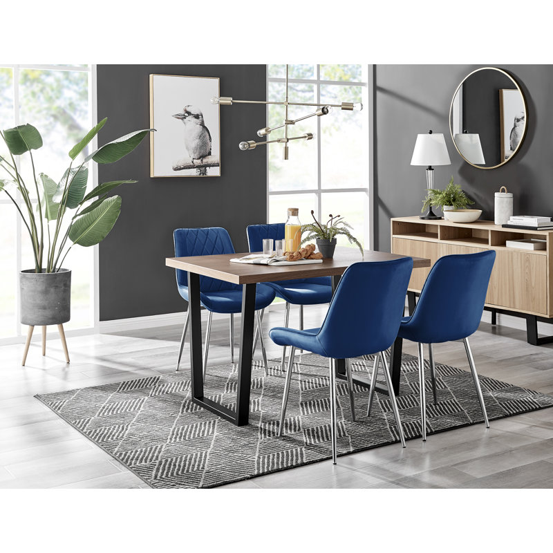 Edzard Industrial Style Wood Effect Dining Table Set with 4 Luxury Velvet Upholstered Dining Chairs, Navy/Silver