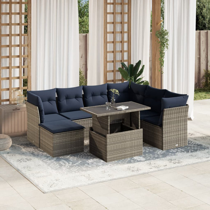  Ensemble de canapé de patio 8 pièces avec coussins en rotin de polyester brun, Marine, Gris