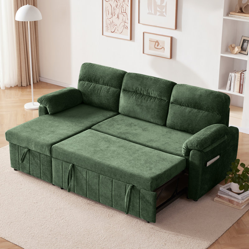 Canapé-lit rembourré en L de 81 po avec rangement et USB, Vert