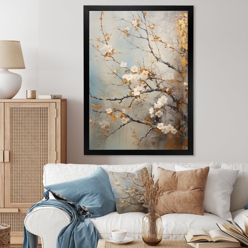 Oiseaux blancs sur un arbre floral I - oiseau, art mural, Cadre simple noir, H 20 po x l 12 po x P 1 po