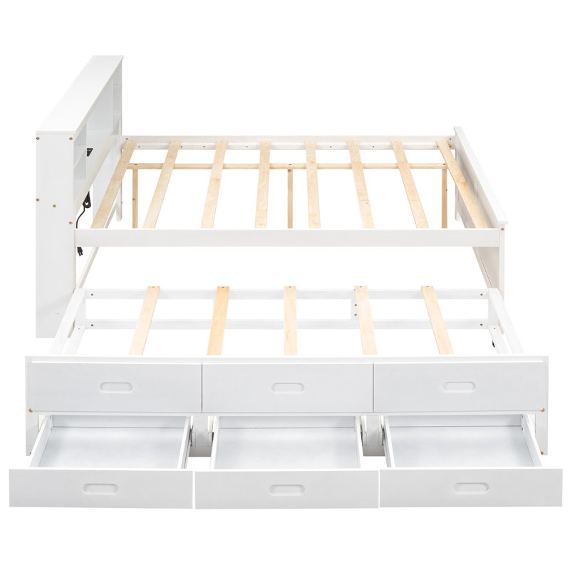Lit plateforme avec tête de lit et 3 espaces - Lit double, Lit gigogne simple, 3 tiroirs en bois massif blanc, fabrication