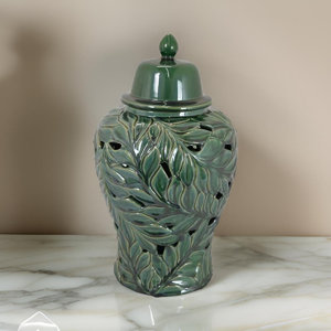 Heni 19 Inch Ceramic Temple Jar With Lid, Cut Out Leaf Motifs