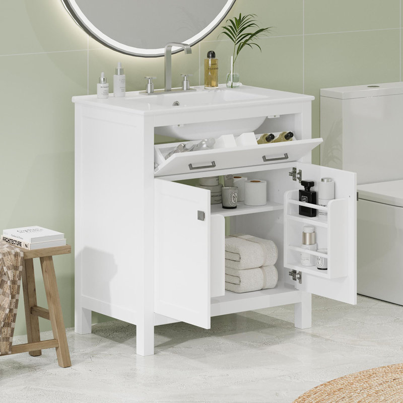 Meuble-lavabo moderne de 30 po avec rangement, Blanc / argenté