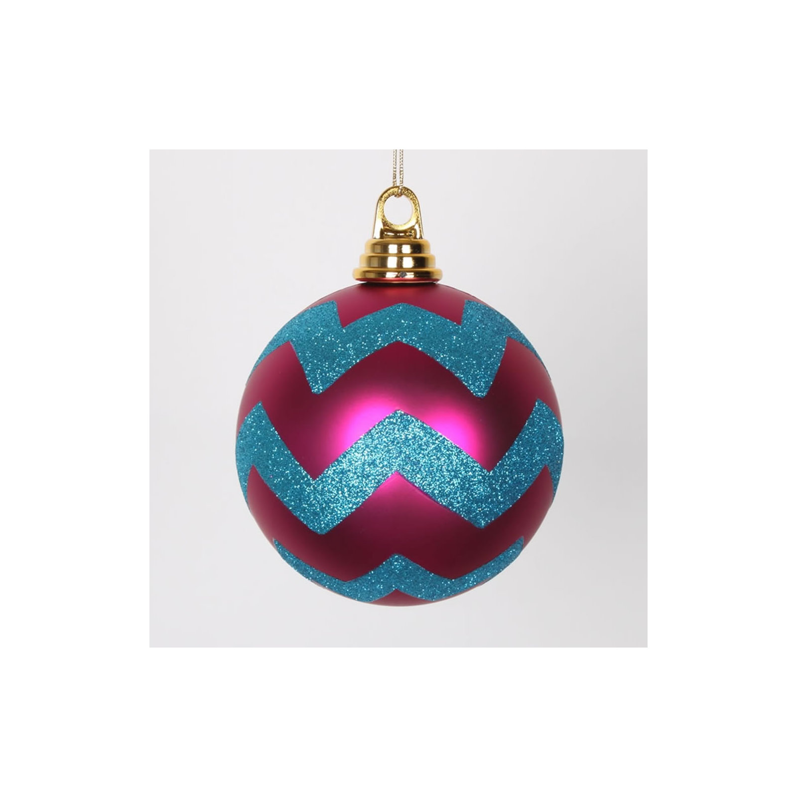 Chevron Shatterproof Christmas Ball Ornament, 4.75"H x 4.75" W x 4.75" D, Cerise Pink Matte/Turquoise Blue