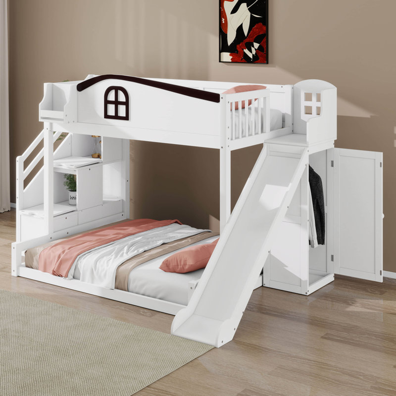 Lit simple superposé au dessus d'un lit double avec escalier de rangement et glissade, lit superposé en bois avec garde-robe et tablette, aucun sommier nécessaire