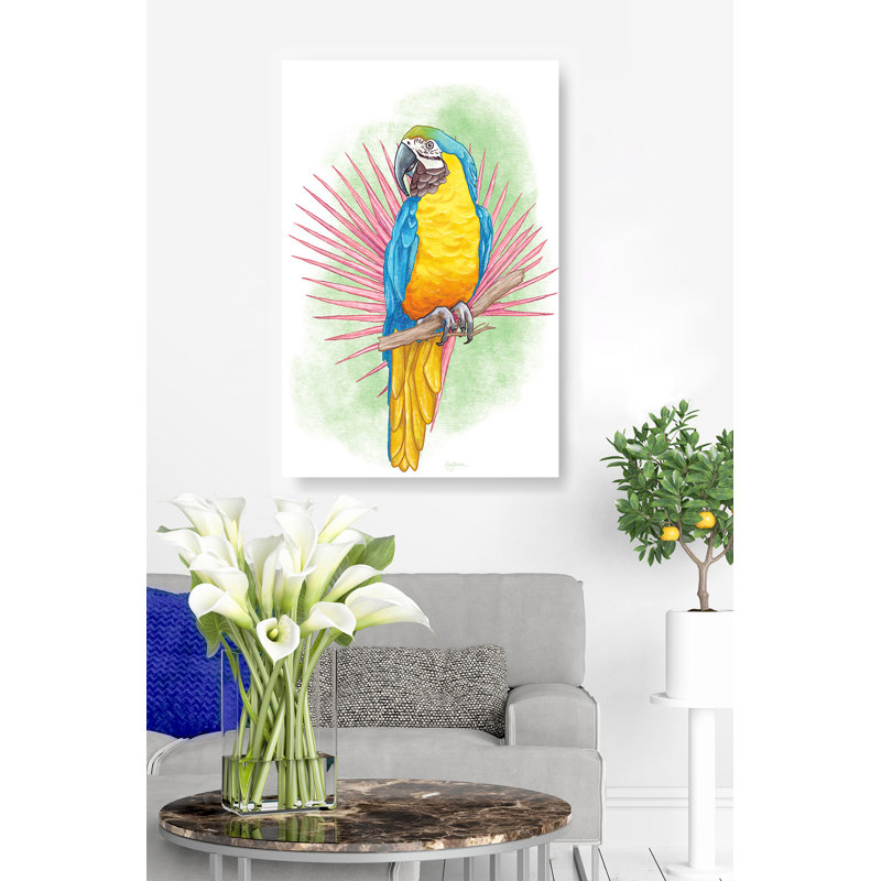 Perroquet coloré, ara, oiseau, jaune, rose vert, bleu, blanc, H 26 po x l 50 po x P 1,5 po
