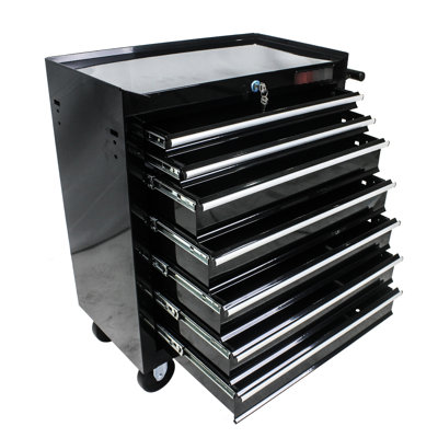 7 Drawers Workshop Tool Trolley With Wheels - Black, Lockable, Bearing Slide, Heavy Duty Steel Construction, 4 Steering Wheels, 2 Parking Brakes Lockable Space, Steel, , Stopping Option