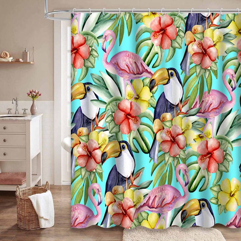 Aquarelle de fleurs tropicales à la menthe sans soudure, flamant rose, 12 crochets, L 72 po x l 84 po