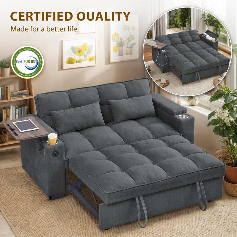 65" Wide Convertible Futon Sofa Bed with Pull-Out Sleeper, Side Table, USB & Type-C Ports&Storage Armrests, Gray Chenille
